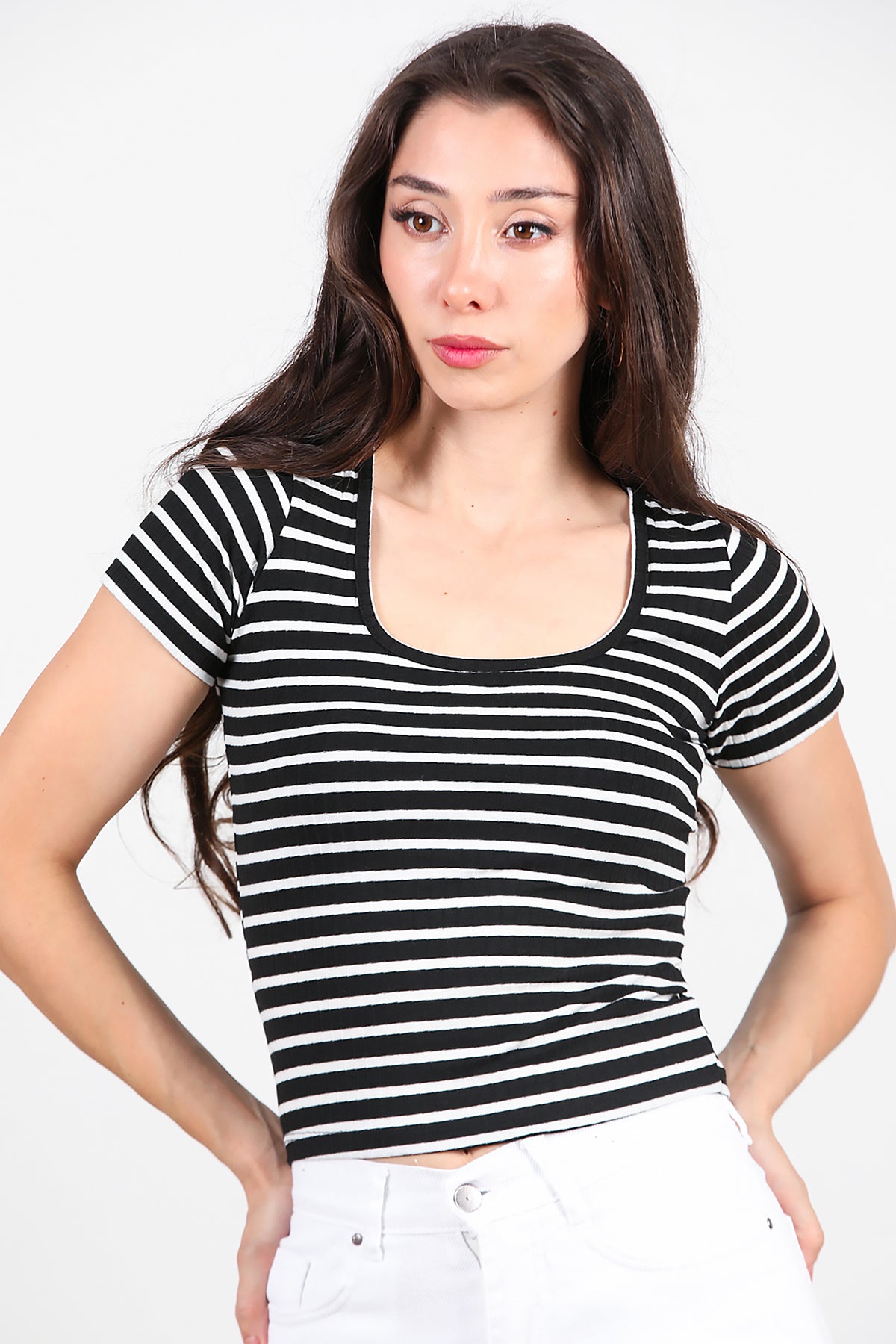 Kadın Kalın Çizgili T-Shirt Siyah