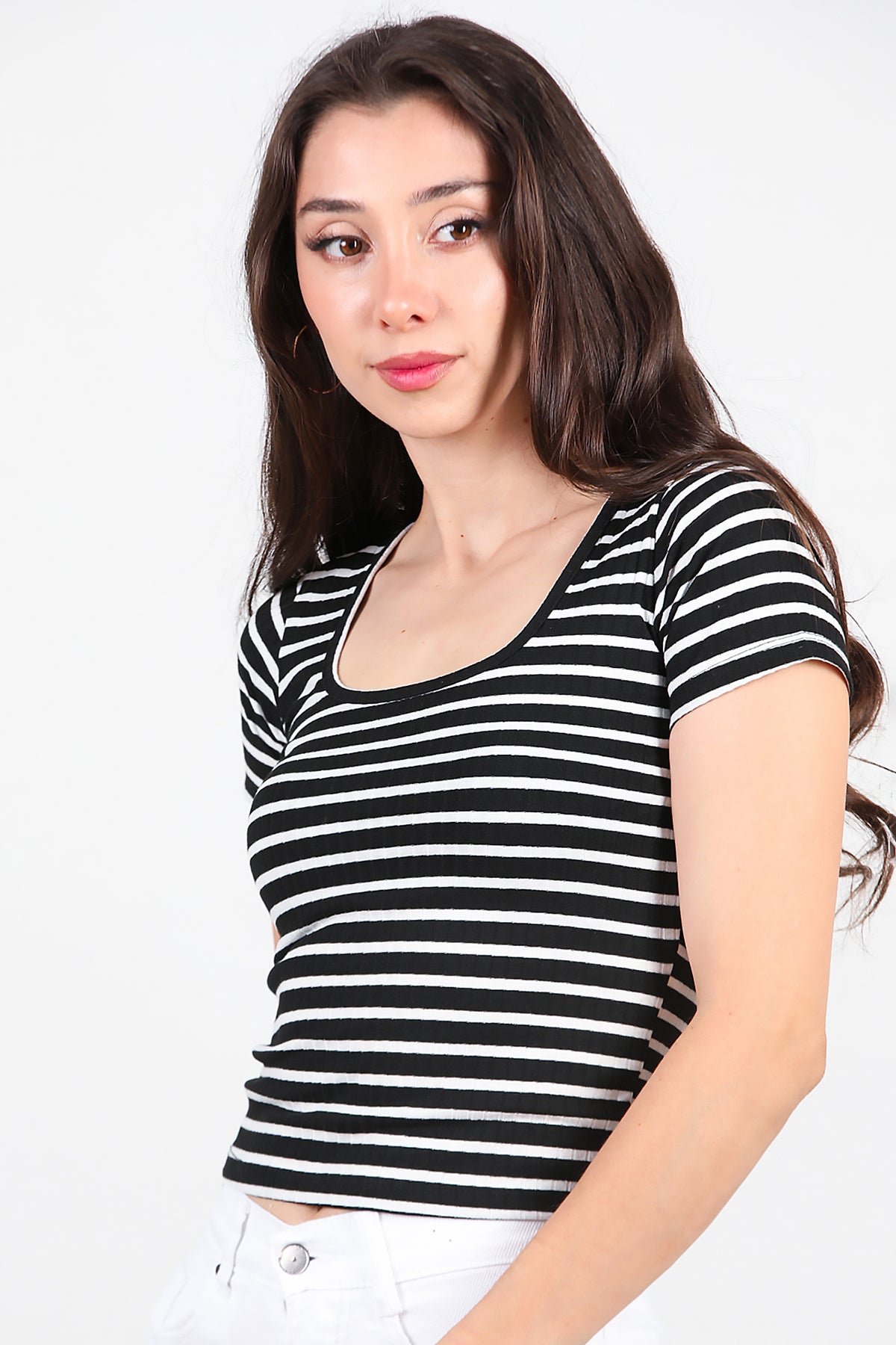 Kadın Kalın Çizgili T-Shirt Siyah
