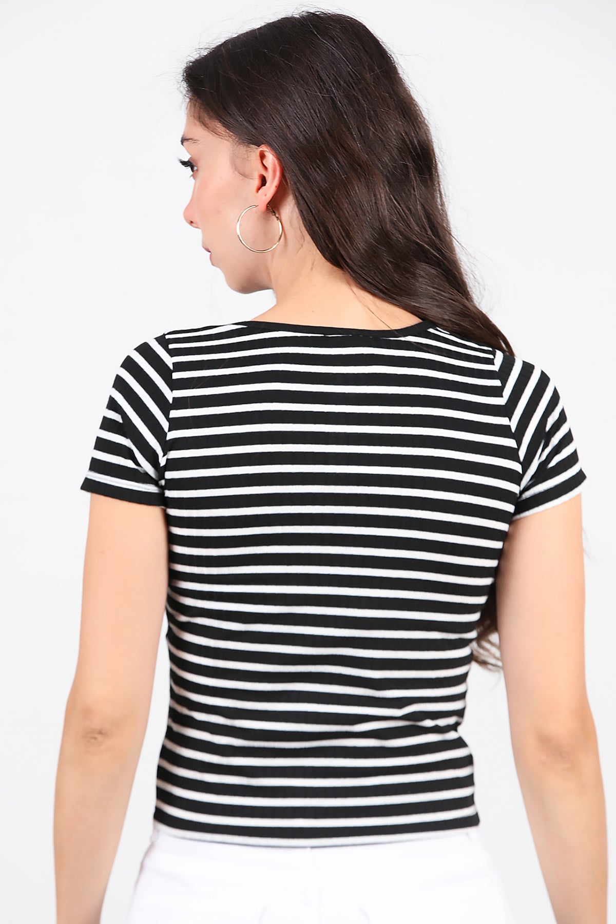 Kadın Kalın Çizgili T-Shirt Siyah