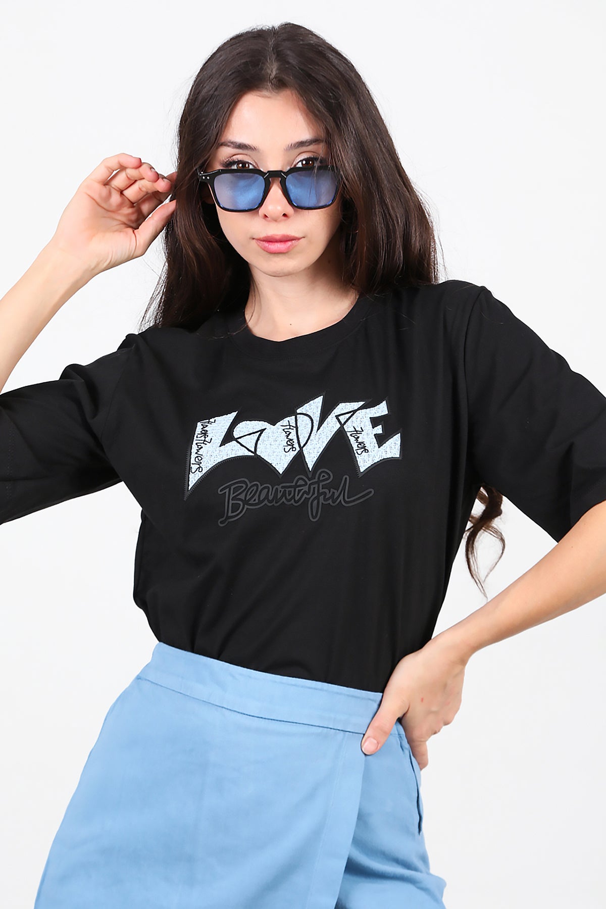 Kadın Love Baskılı T-Shirt Siyah