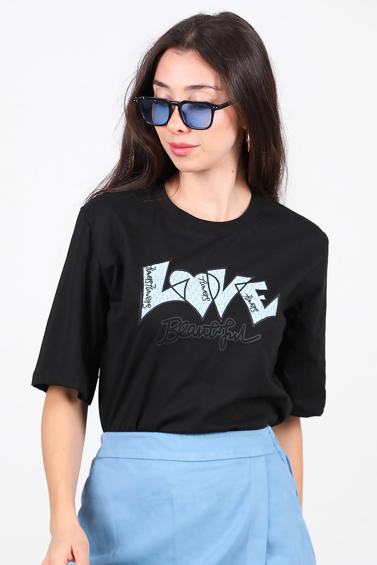 Kadın Love Baskılı T-Shirt Siyah