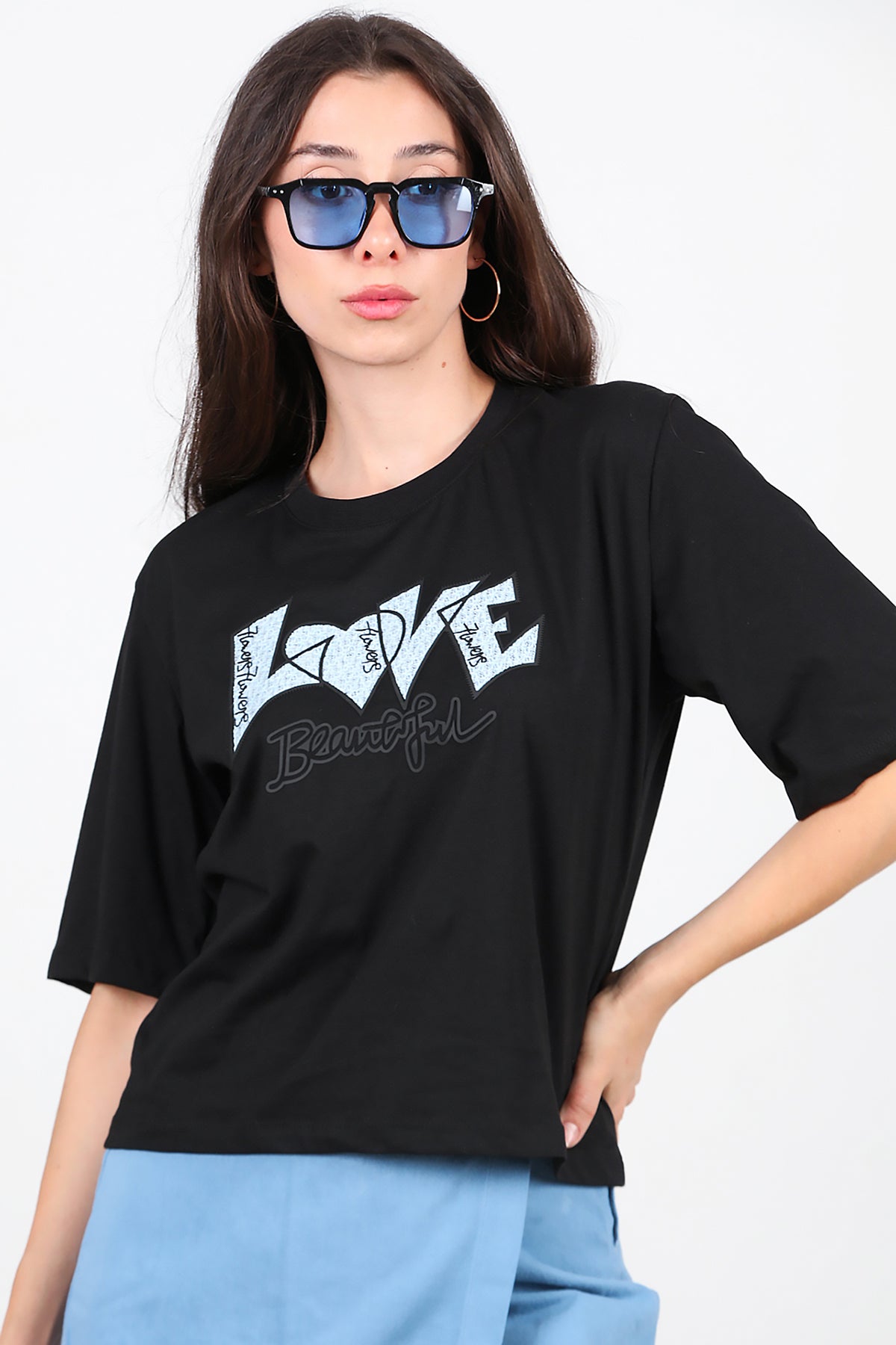 Kadın Love Baskılı T-Shirt Siyah