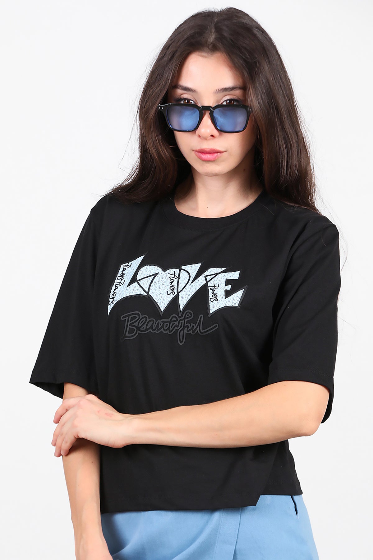 Kadın Love Baskılı T-Shirt Siyah
