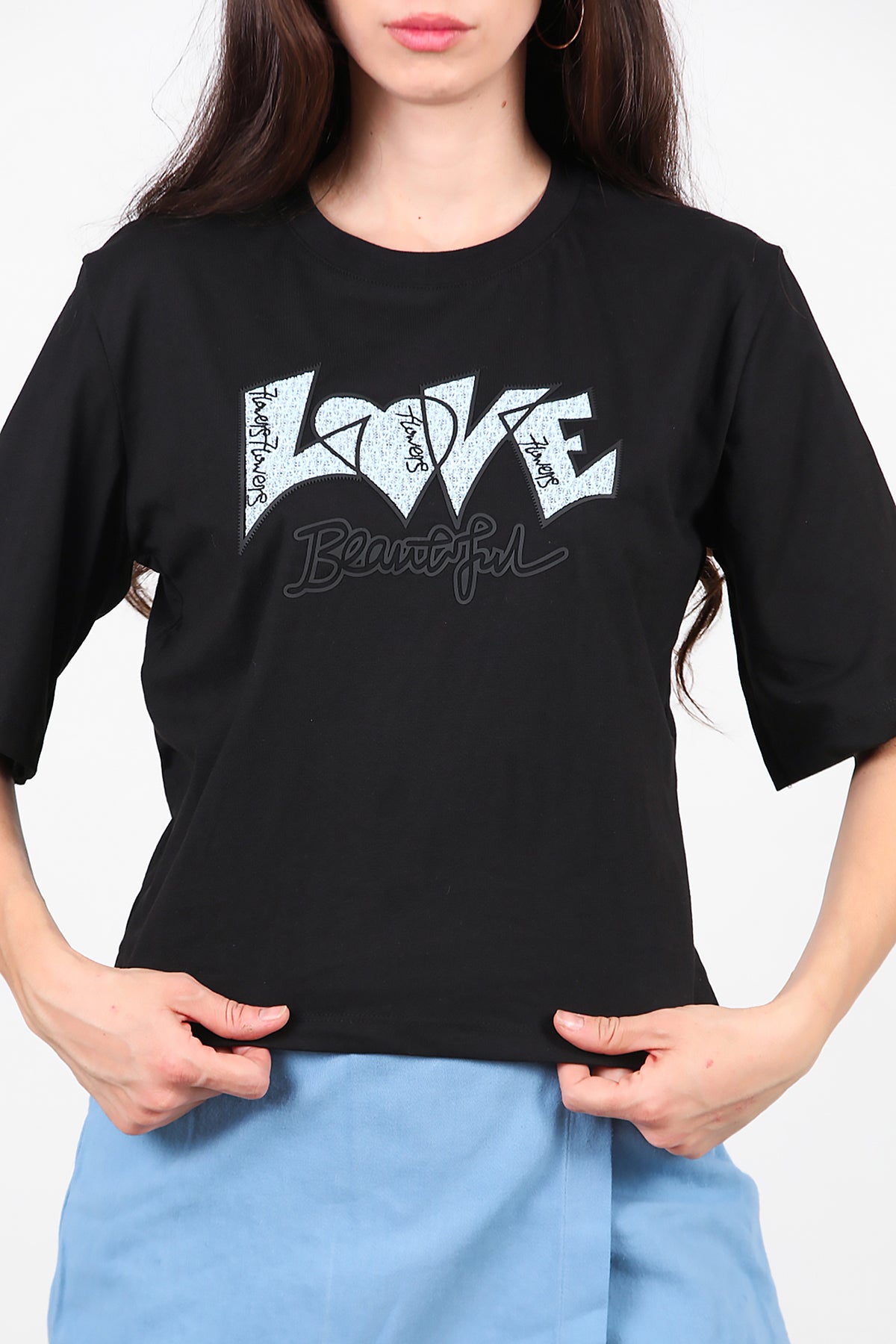Kadın Love Baskılı T-Shirt Siyah