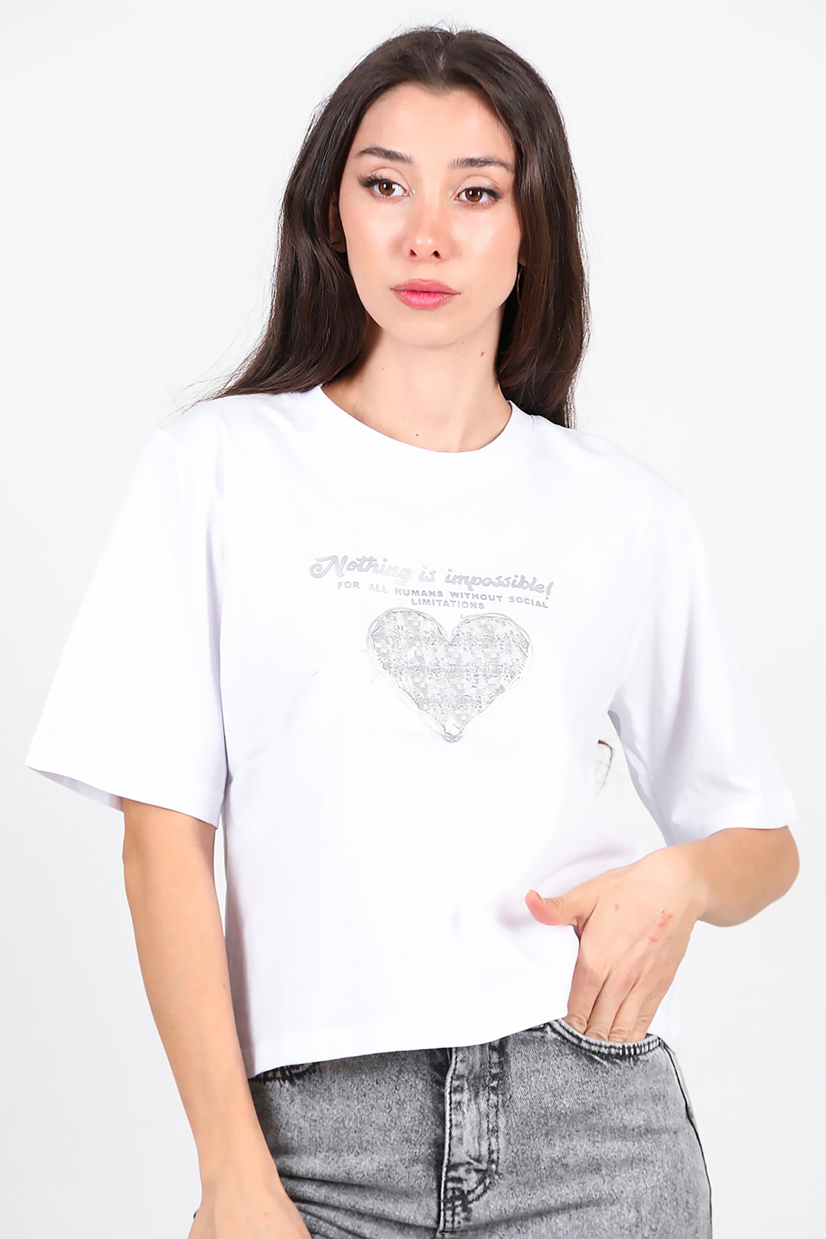 Kadın Lazer Baskılı T-Shirt Beyaz