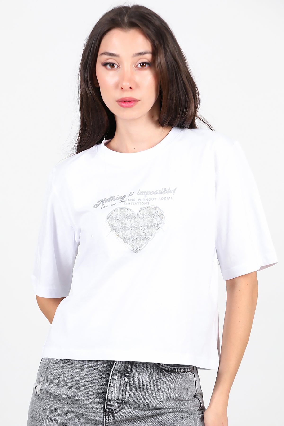 Kadın Lazer Baskılı T-Shirt Beyaz