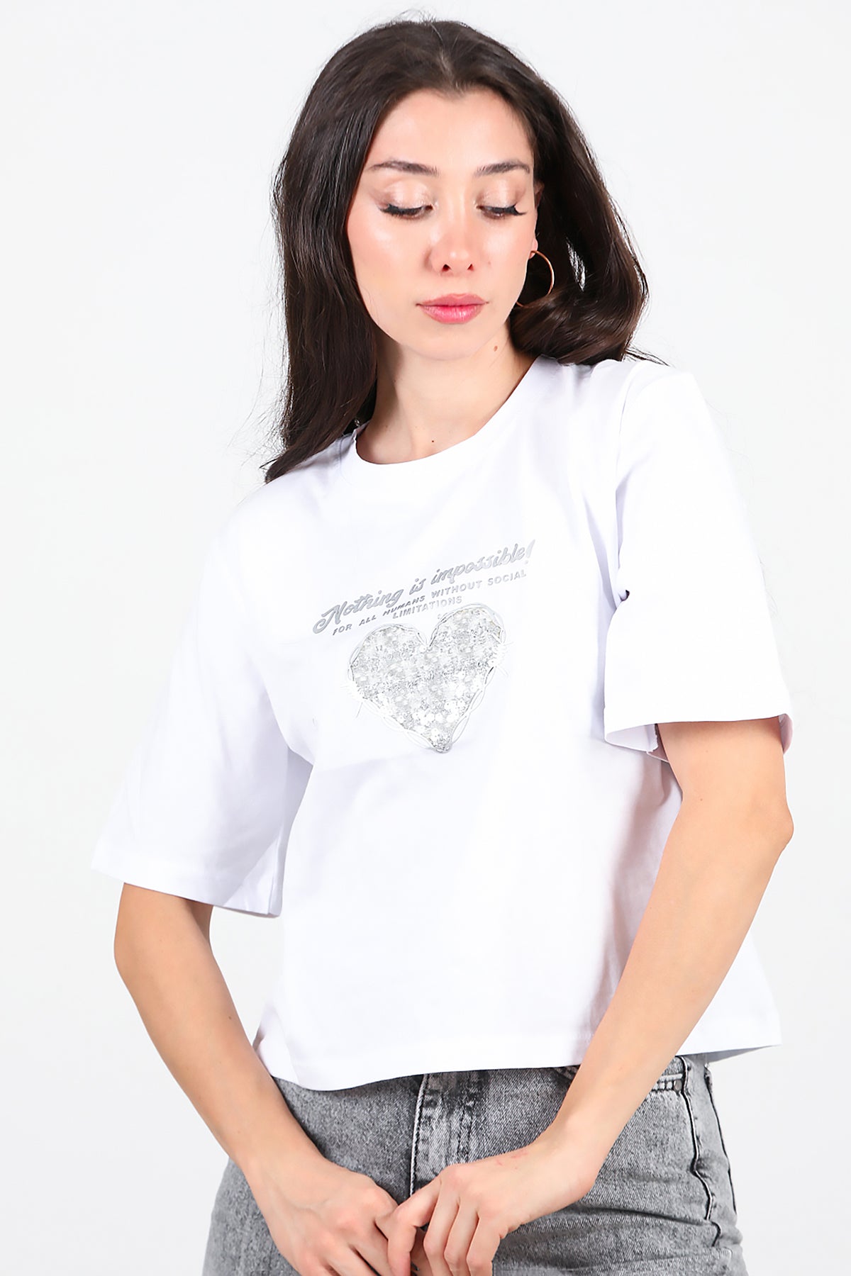 Kadın Lazer Baskılı T-Shirt Beyaz