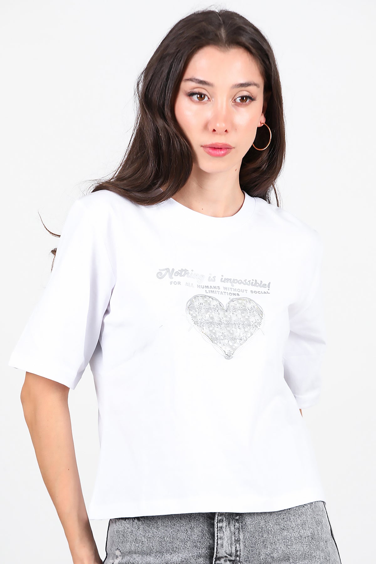 Kadın Lazer Baskılı T-Shirt Beyaz