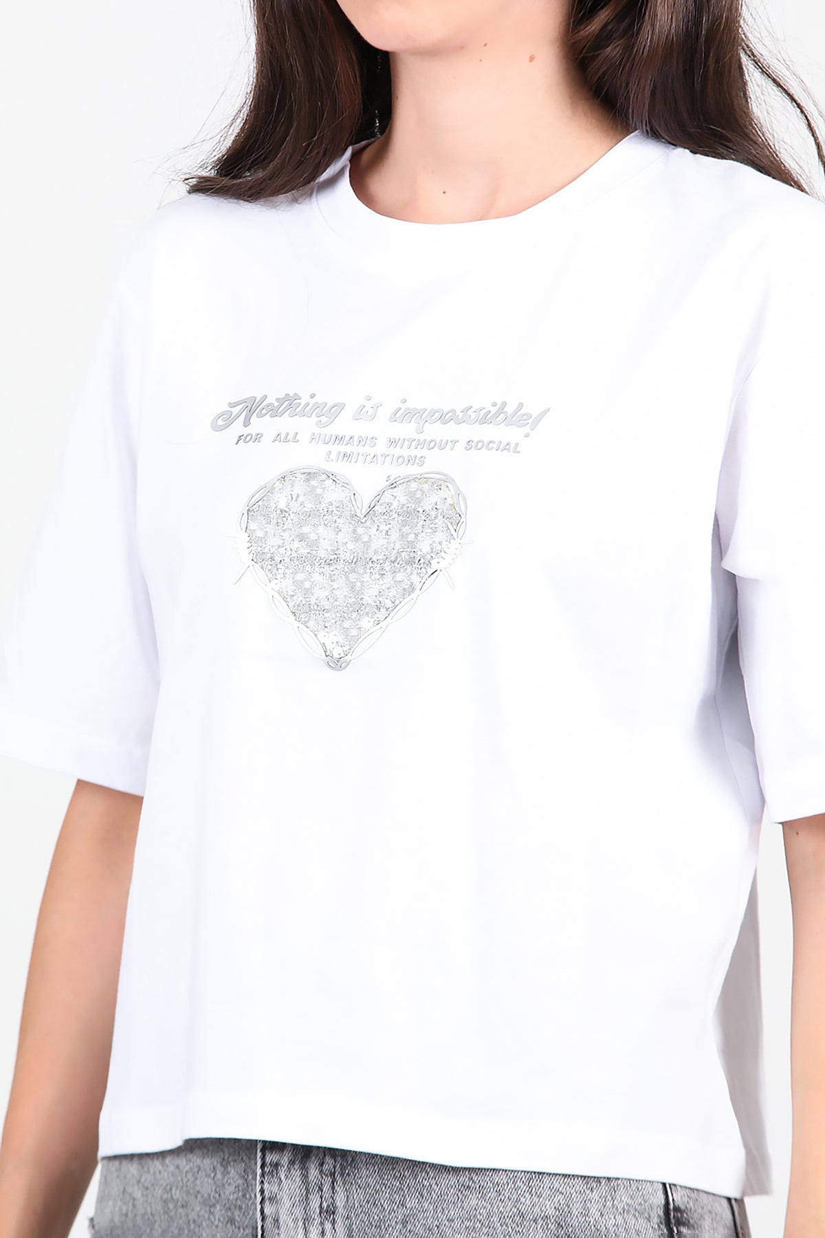 Kadın Lazer Baskılı T-Shirt Beyaz