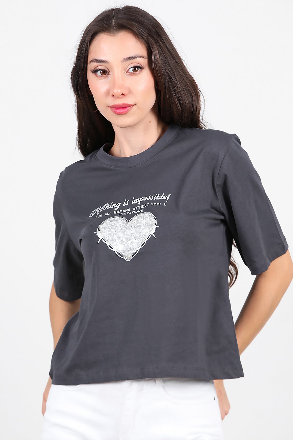 Kadın Lazer Baskılı T-Shirt Füme