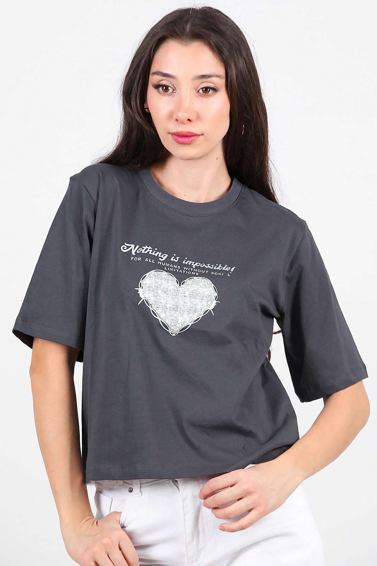 Kadın Lazer Baskılı T-Shirt Füme
