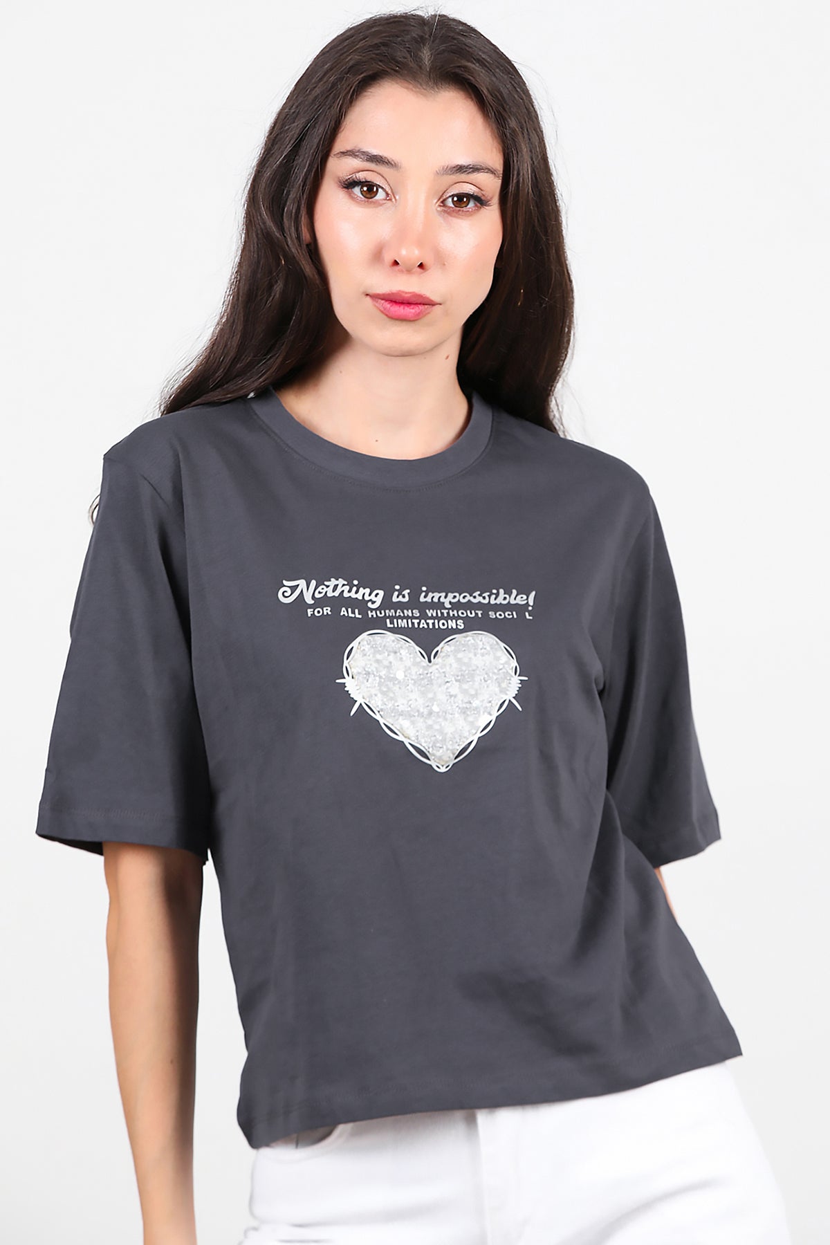 Kadın Lazer Baskılı T-Shirt Füme