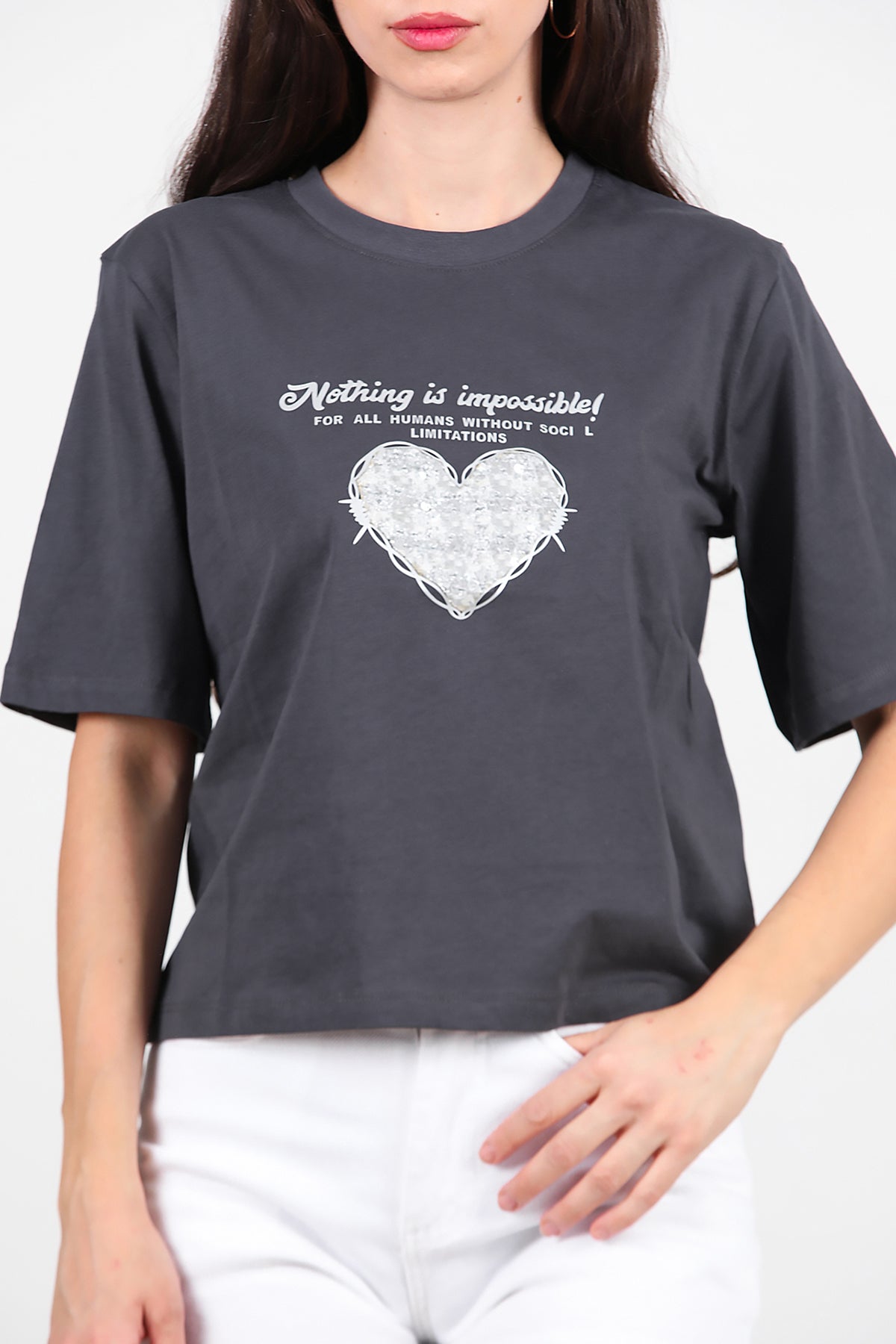 Kadın Lazer Baskılı T-Shirt Füme