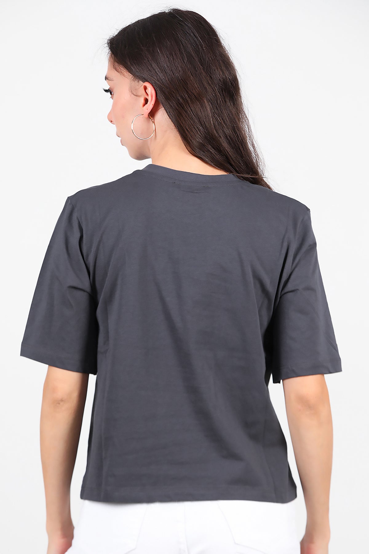 Kadın Lazer Baskılı T-Shirt Füme