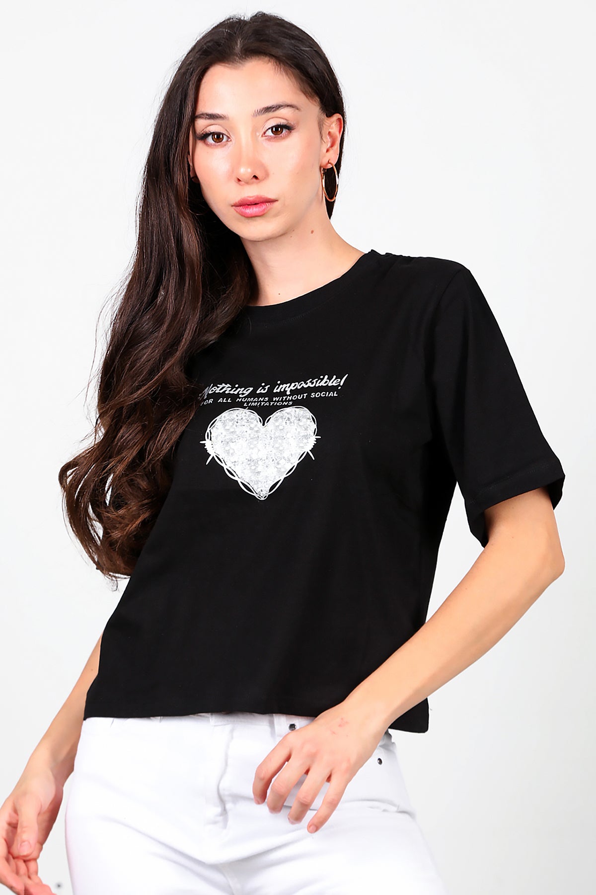 Kadın Lazer Baskılı T-Shirt Siyah
