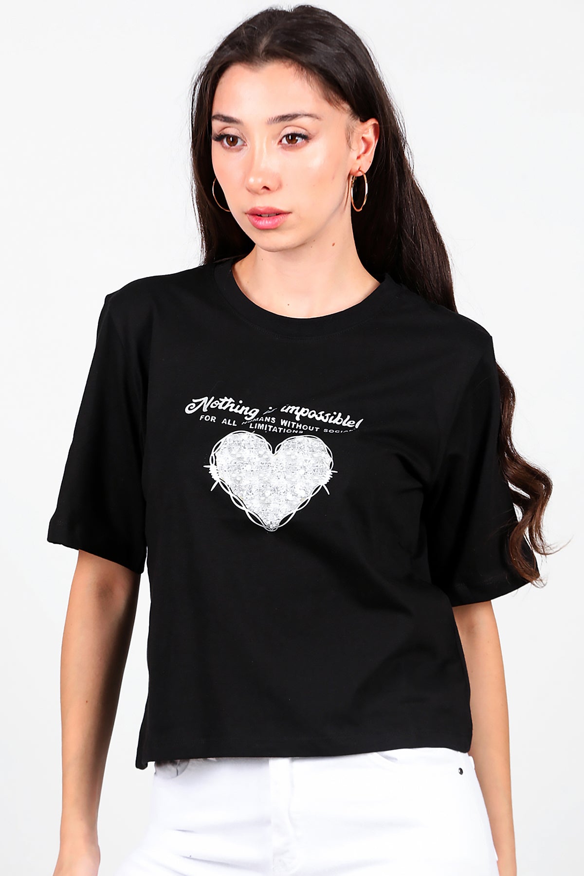 Kadın Lazer Baskılı T-Shirt Siyah