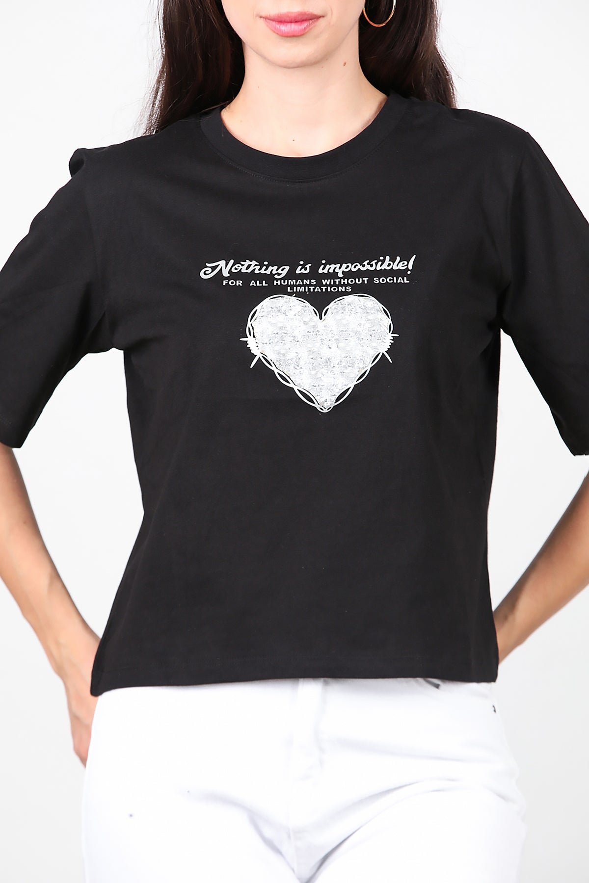 Kadın Lazer Baskılı T-Shirt Siyah
