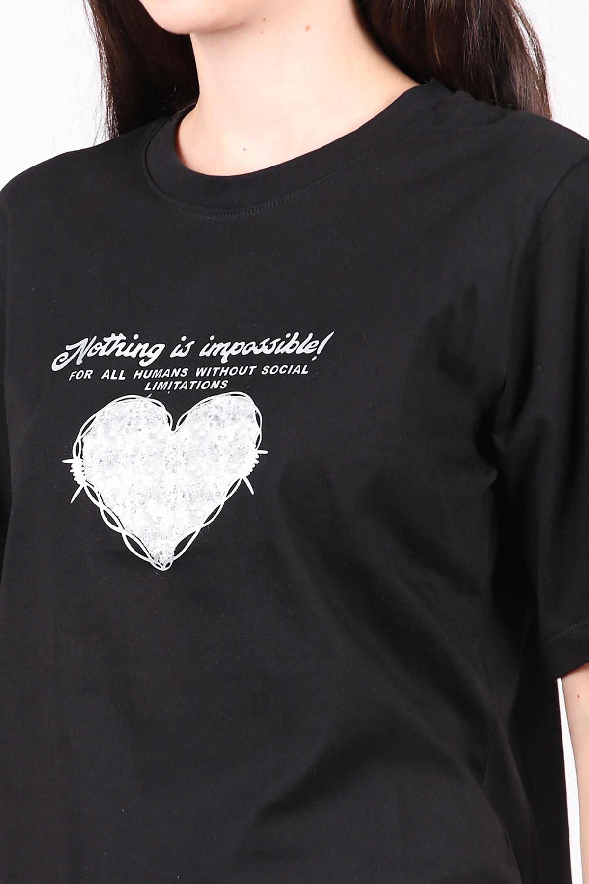 Kadın Lazer Baskılı T-Shirt Siyah