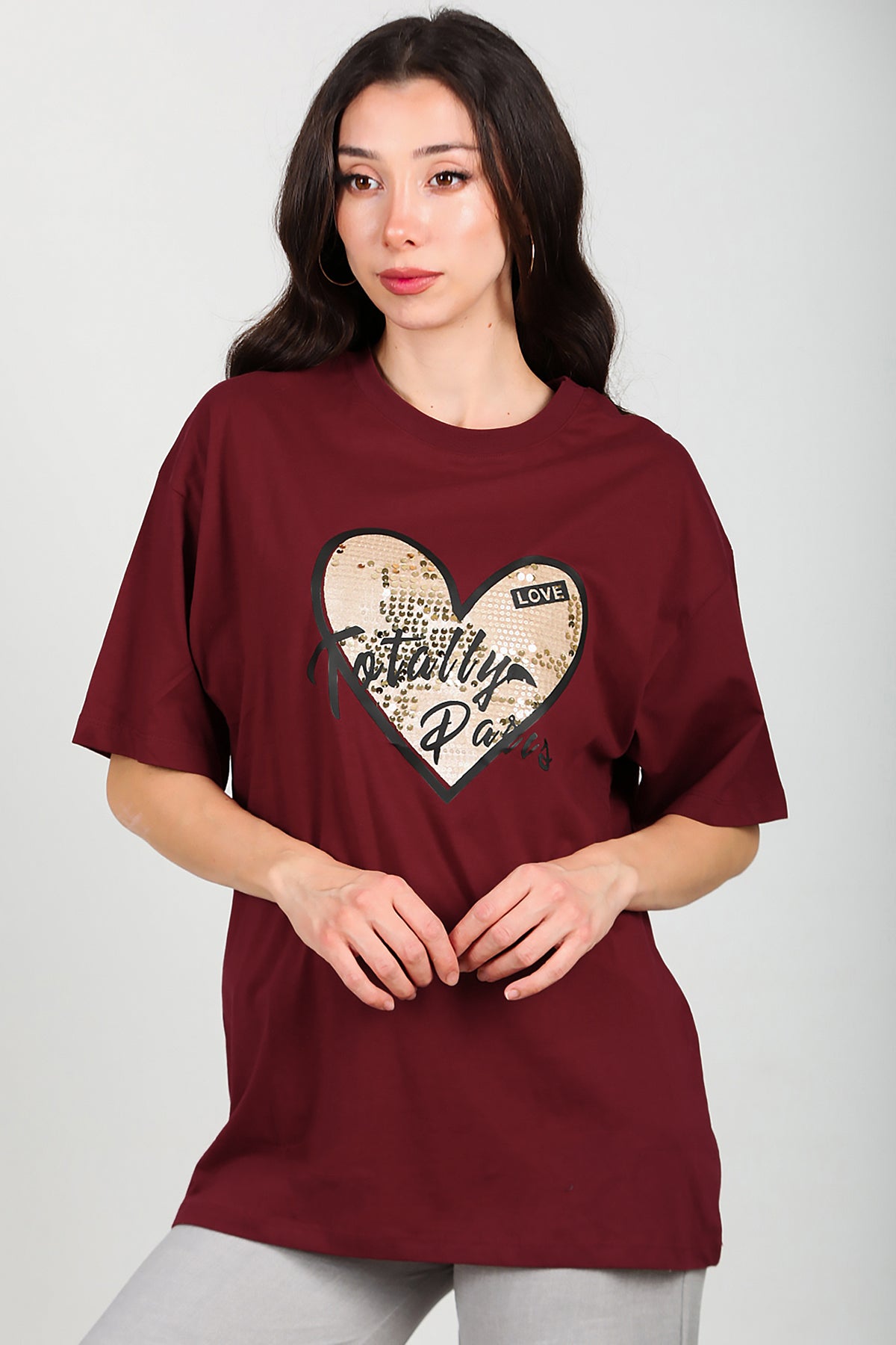 Kadın Pullu Baskılı Oversize T-Shirt Bordo