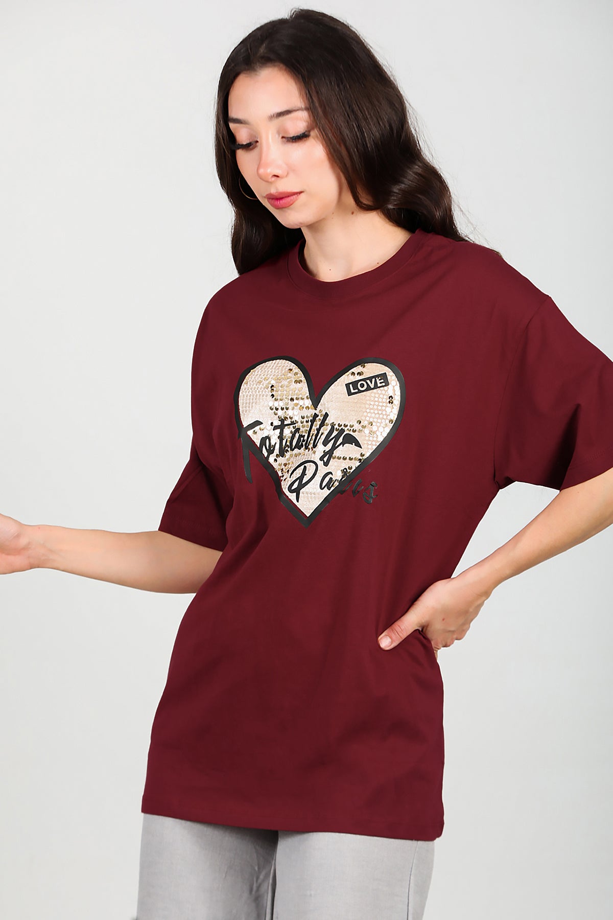 Kadın Pullu Baskılı Oversize T-Shirt Bordo