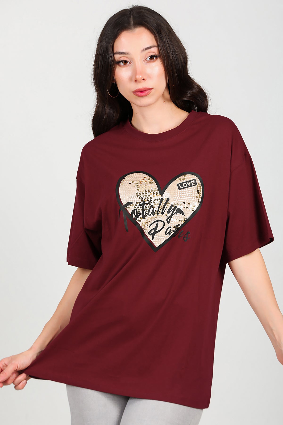 Kadın Pullu Baskılı Oversize T-Shirt Bordo