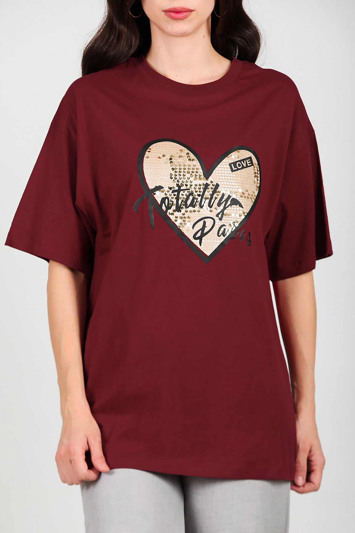 Kadın Pullu Baskılı Oversize T-Shirt Bordo