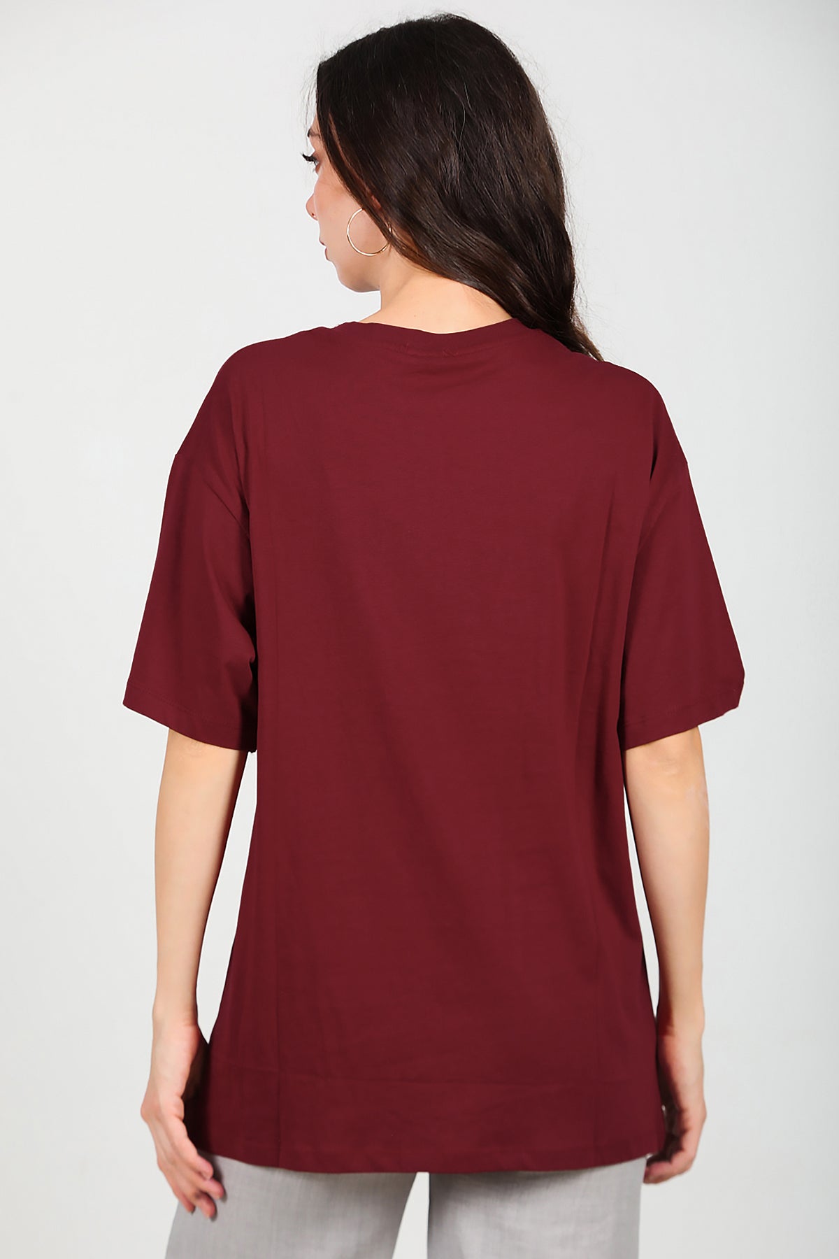 Kadın Pullu Baskılı Oversize T-Shirt Bordo