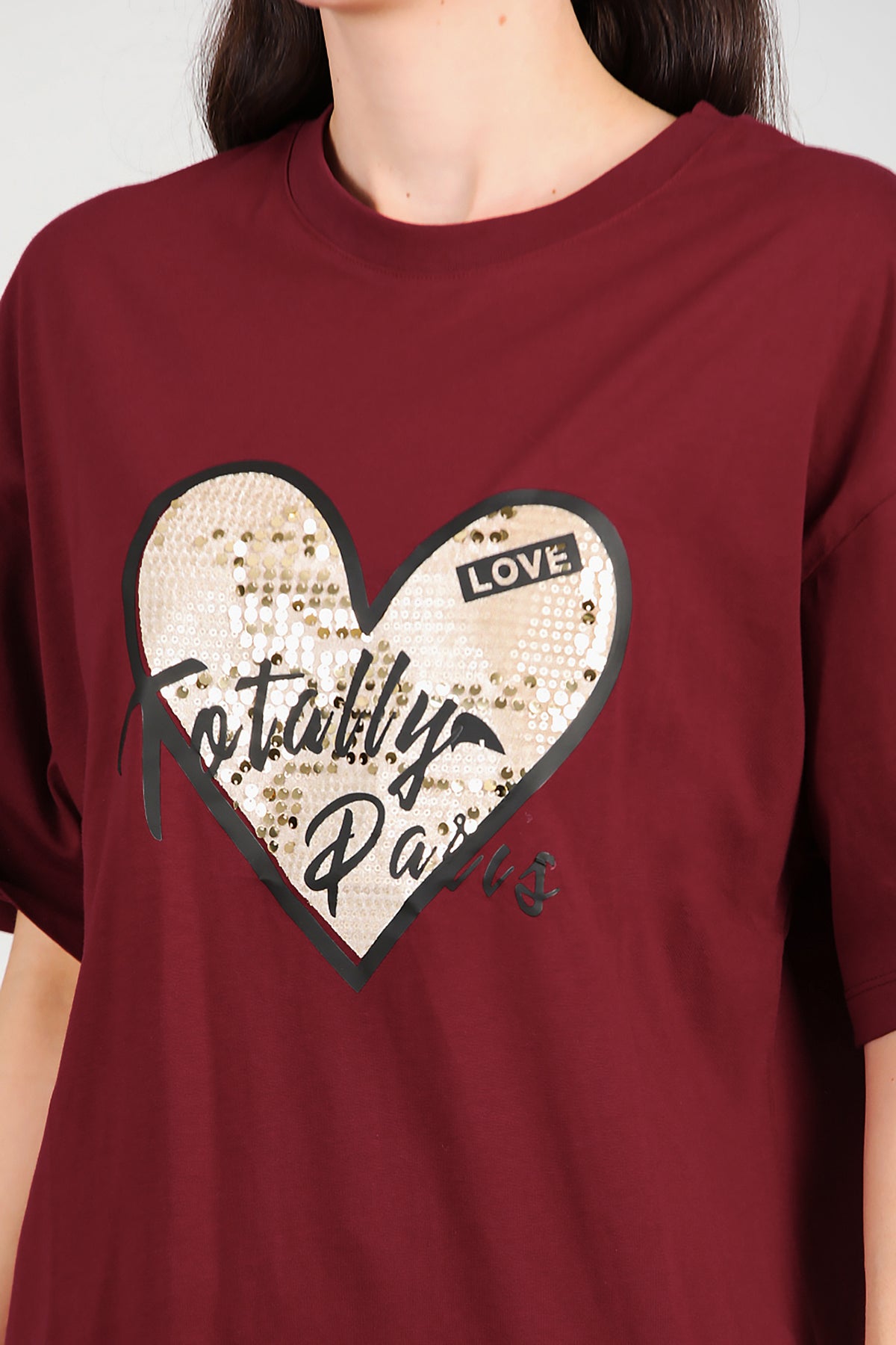 Kadın Pullu Baskılı Oversize T-Shirt Bordo