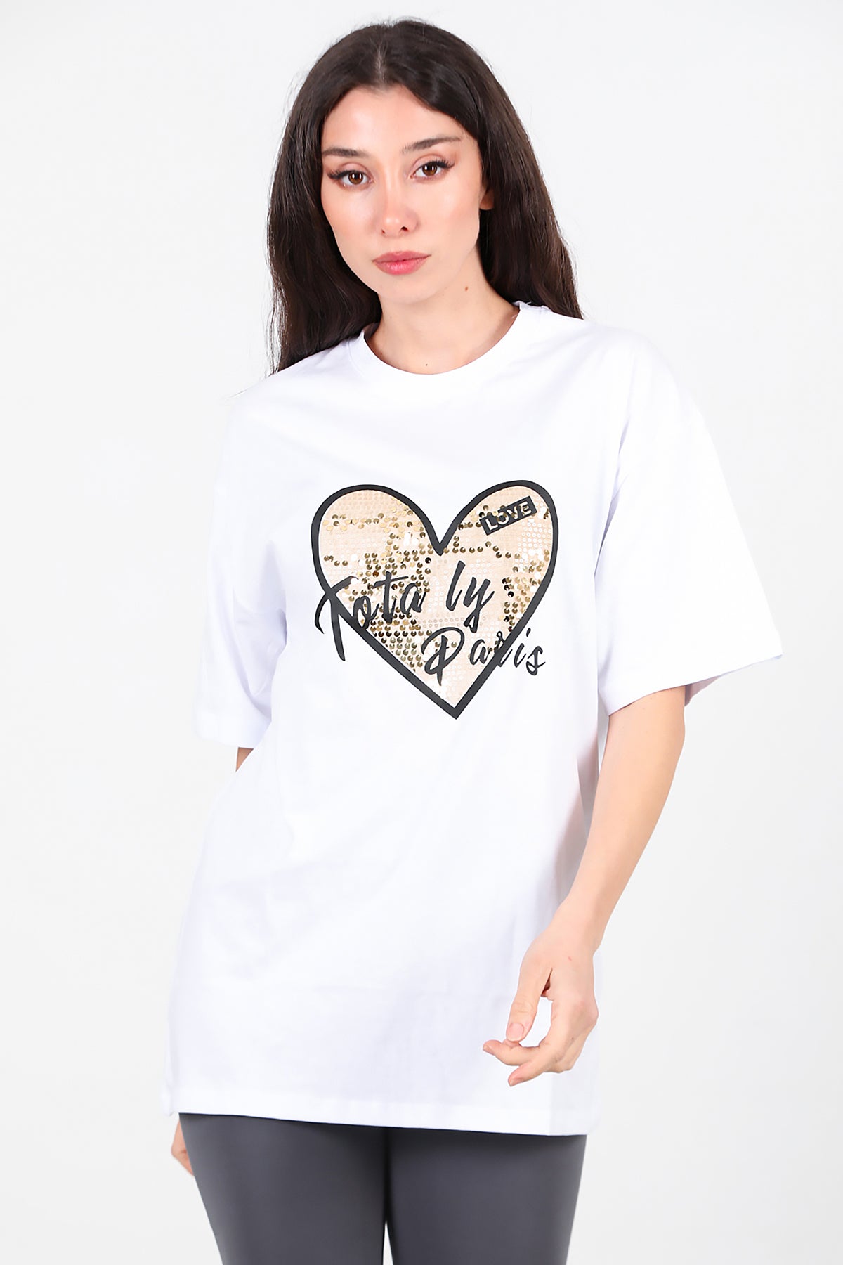 Kadın Pullu Baskılı Oversize T-Shirt Beyaz