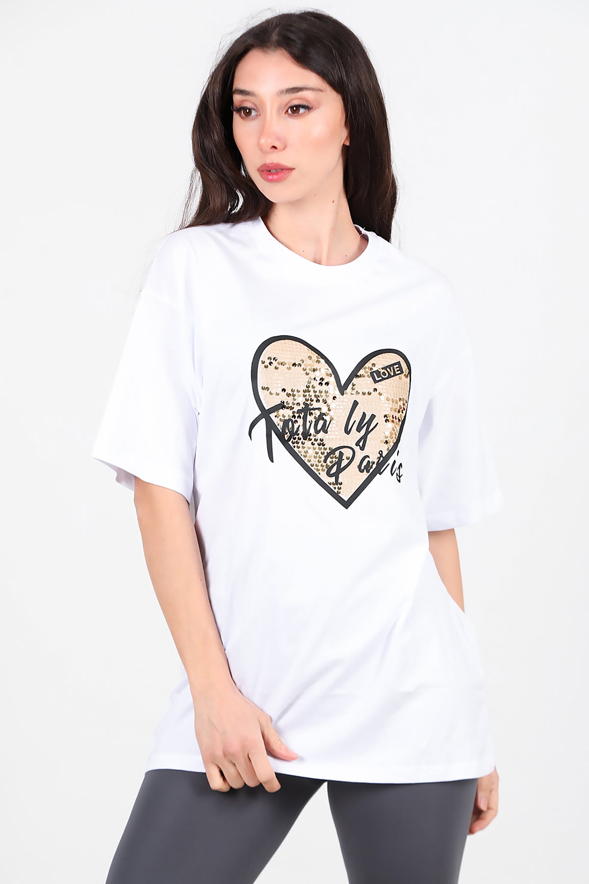 Kadın Pullu Baskılı Oversize T-Shirt Beyaz