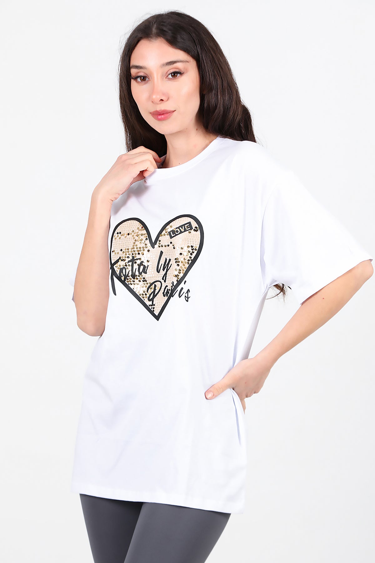Kadın Pullu Baskılı Oversize T-Shirt Beyaz