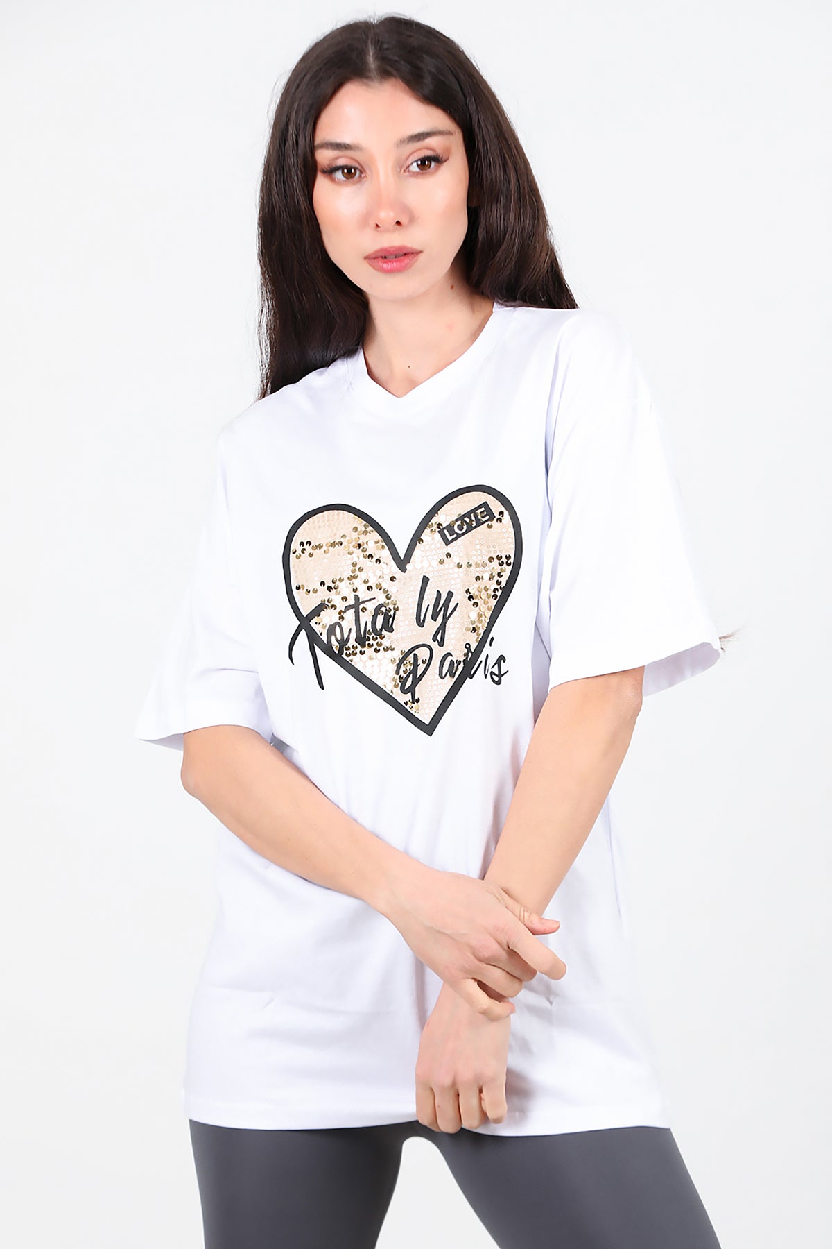 Kadın Pullu Baskılı Oversize T-Shirt Beyaz