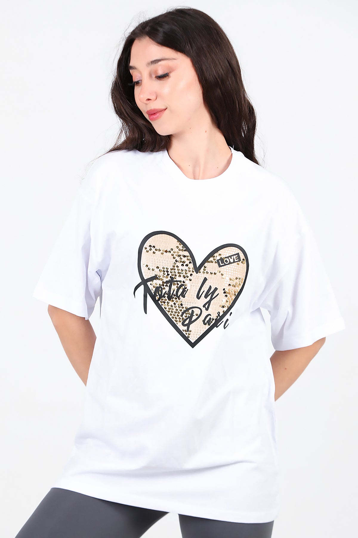 Kadın Pullu Baskılı Oversize T-Shirt Beyaz