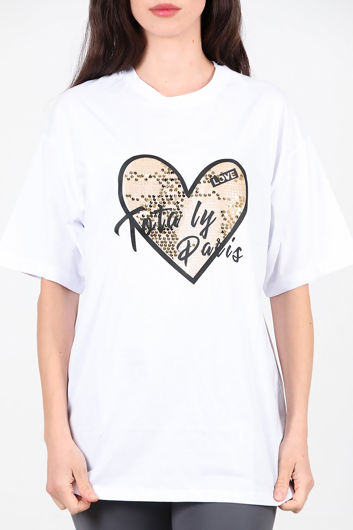 Kadın Pullu Baskılı Oversize T-Shirt Beyaz