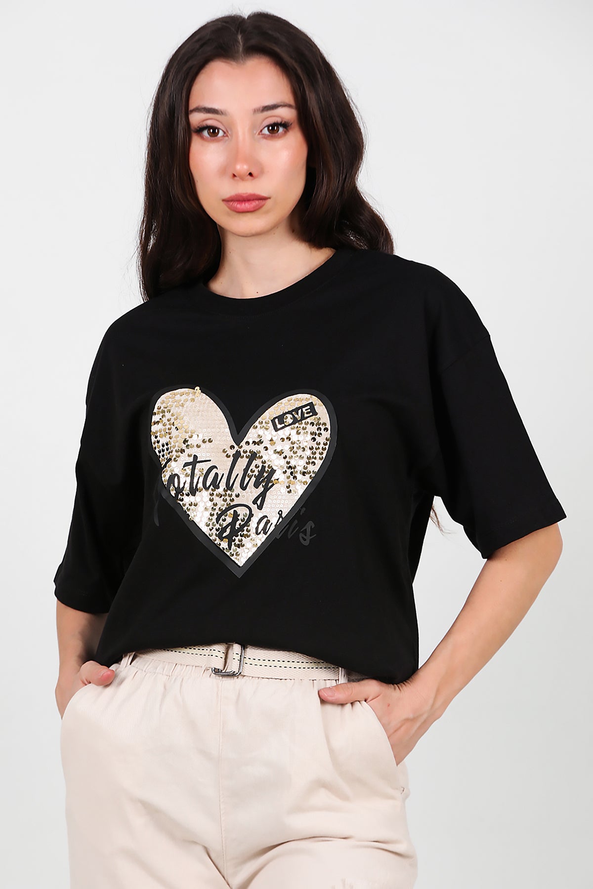 Kadın Pullu Baskılı Oversize T-Shirt Siyah