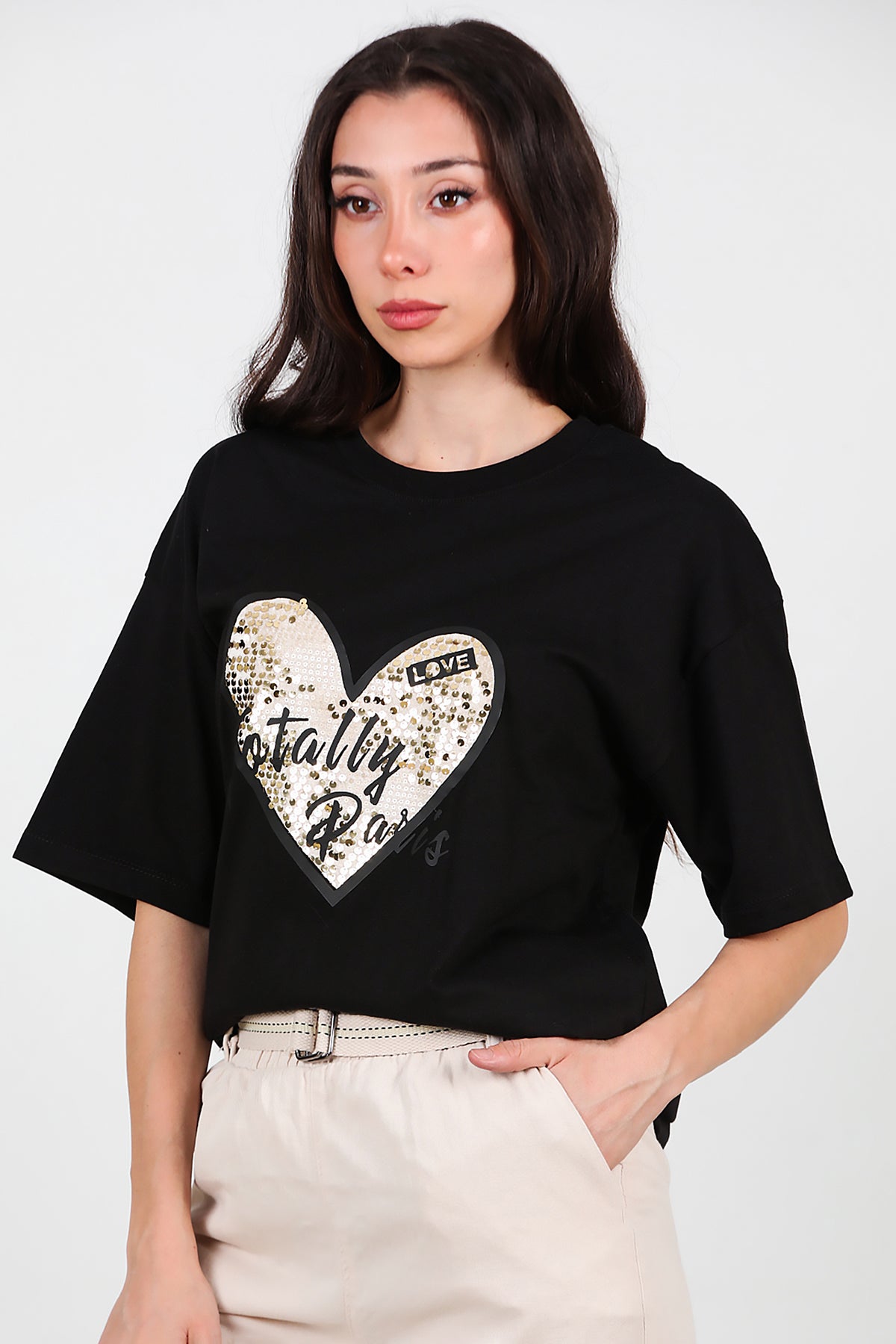 Kadın Pullu Baskılı Oversize T-Shirt Siyah