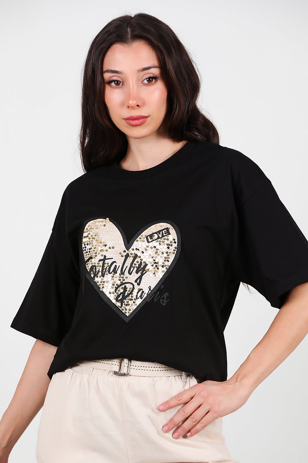 Kadın Pullu Baskılı Oversize T-Shirt Siyah