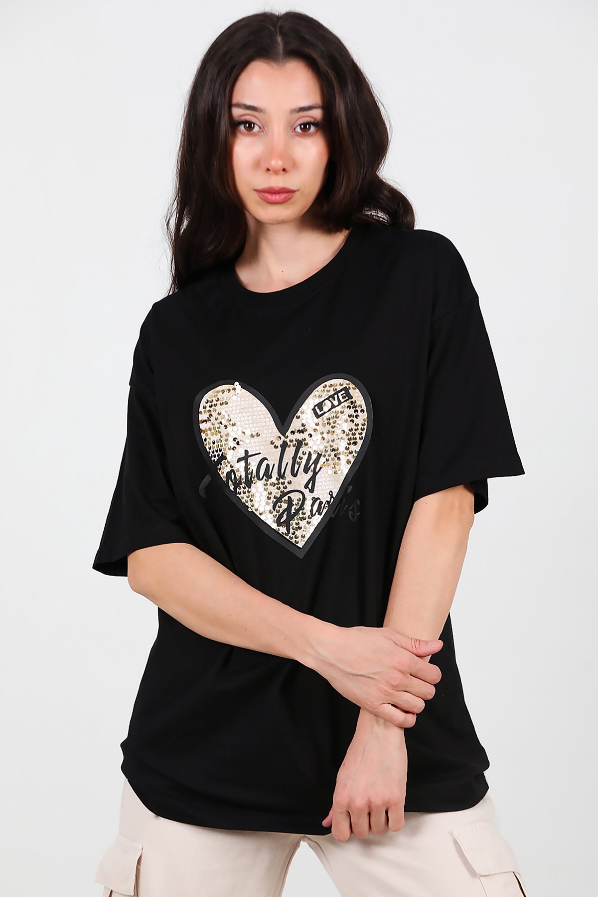 Kadın Pullu Baskılı Oversize T-Shirt Siyah