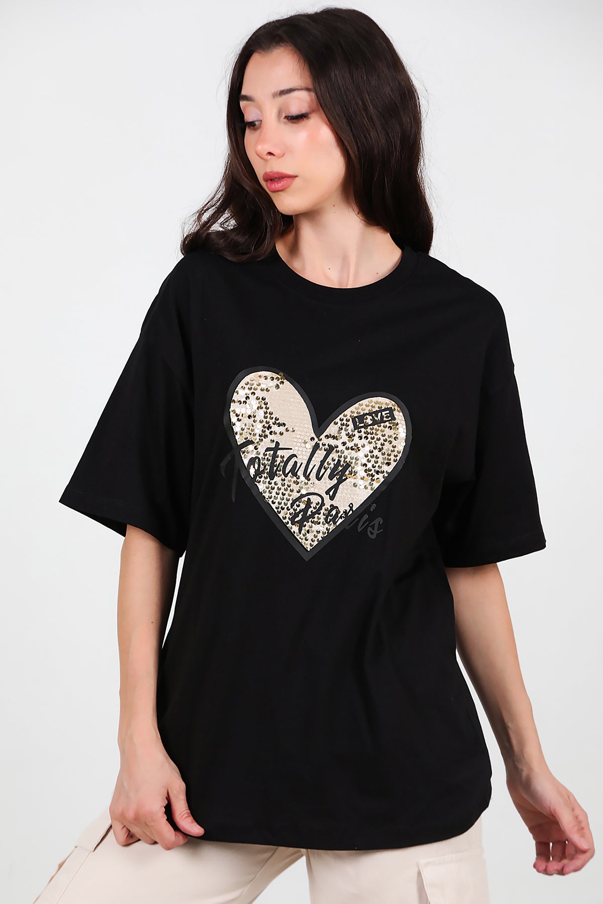 Kadın Pullu Baskılı Oversize T-Shirt Siyah
