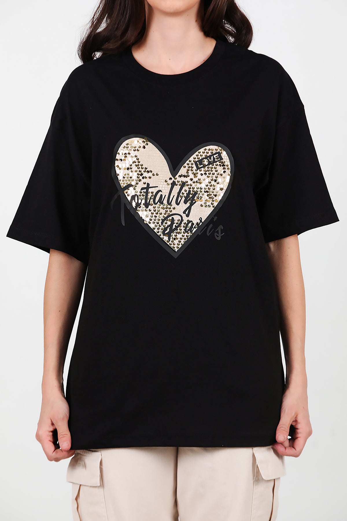 Kadın Pullu Baskılı Oversize T-Shirt Siyah