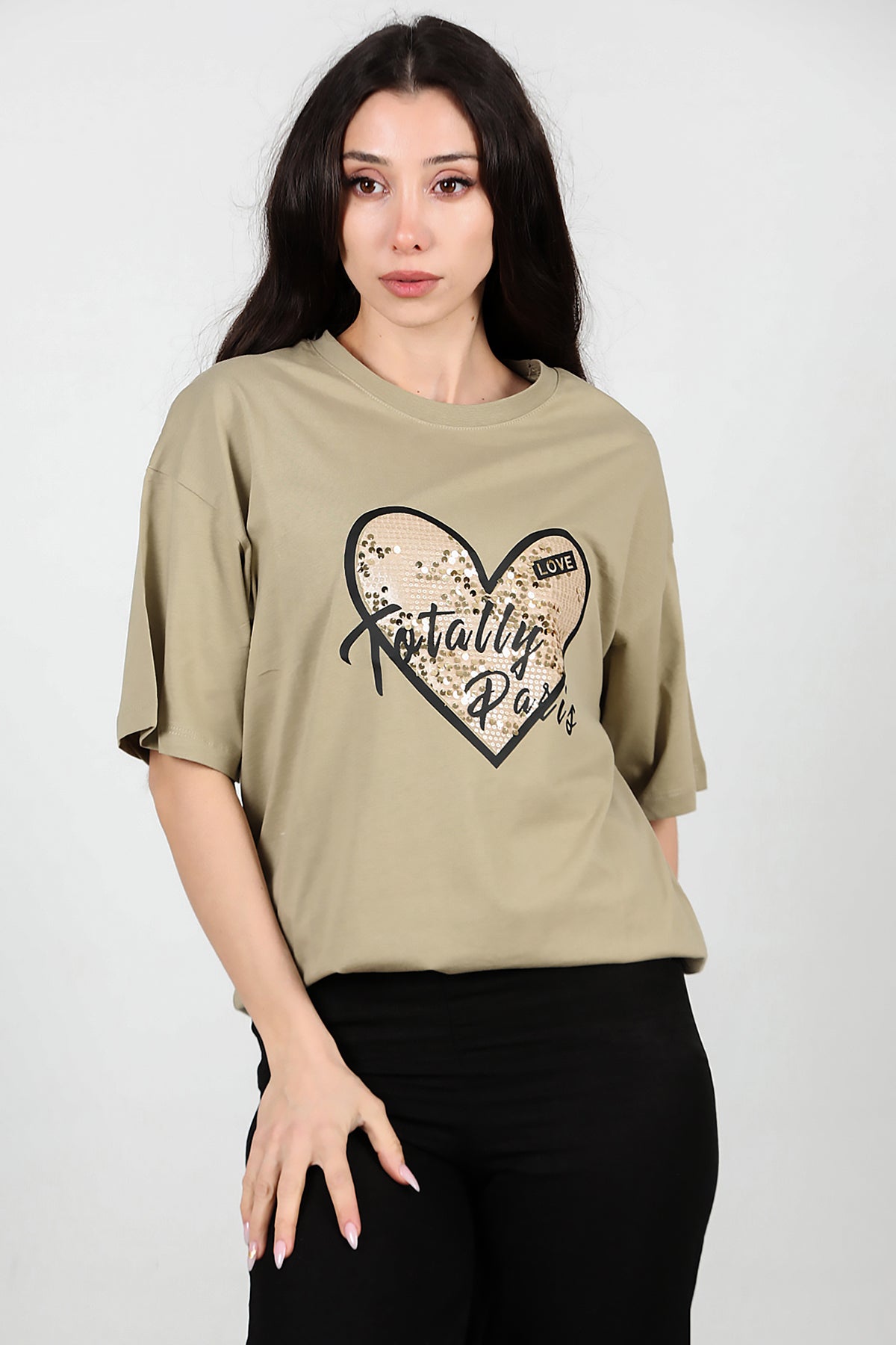 Kadın Pullu Baskılı Oversize T-Shirt Yağ Yeşili
