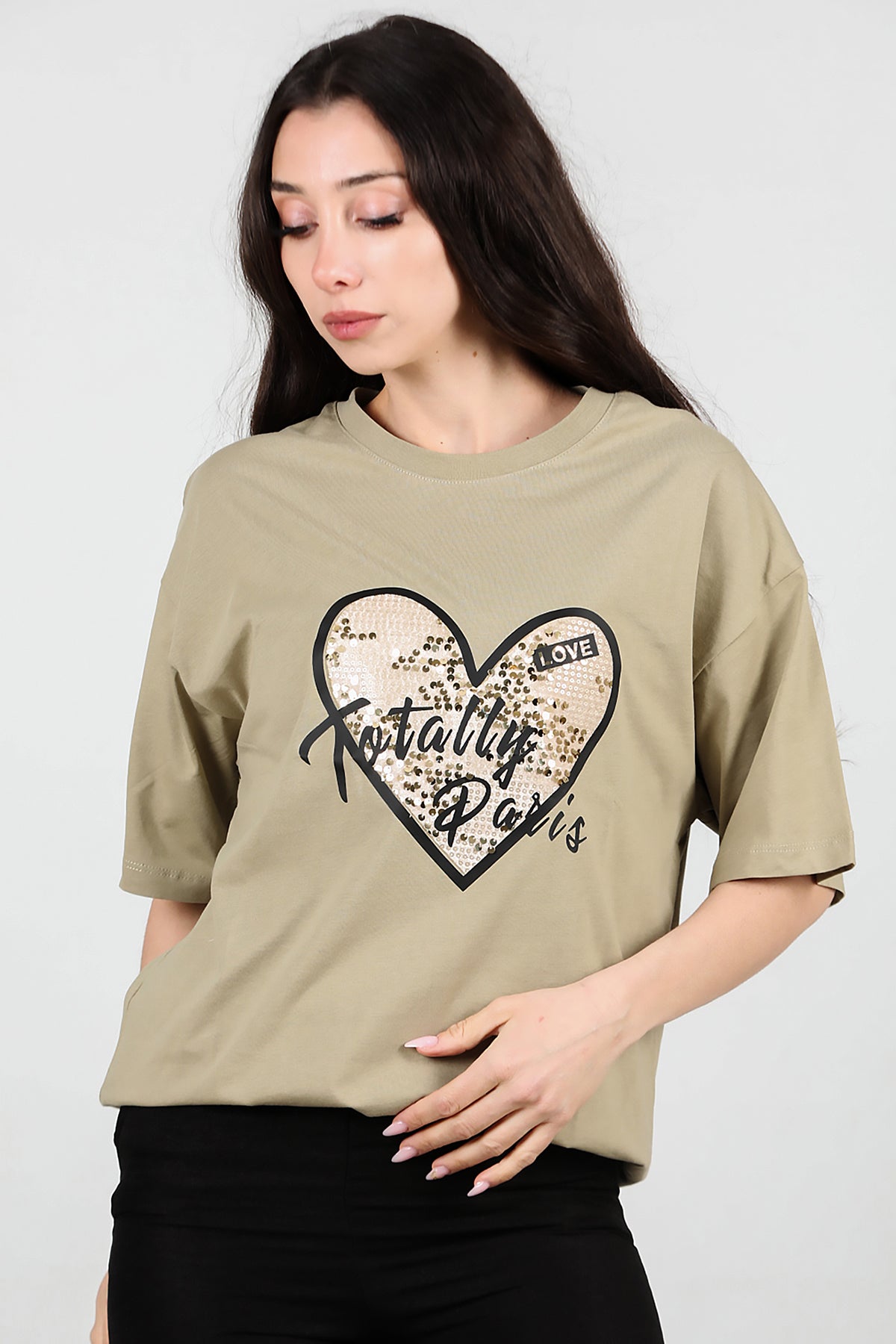 Kadın Pullu Baskılı Oversize T-Shirt Yağ Yeşili
