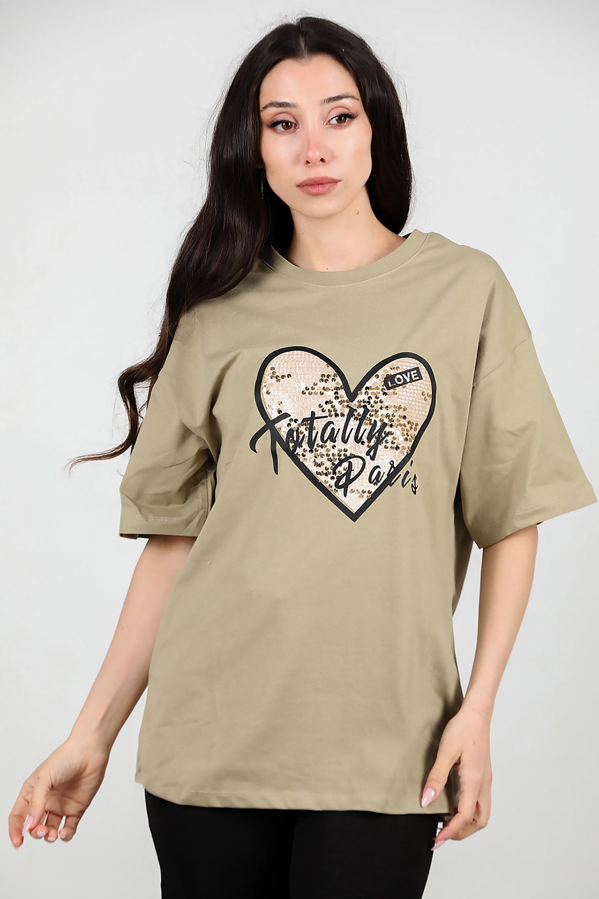Kadın Pullu Baskılı Oversize T-Shirt Yağ Yeşili