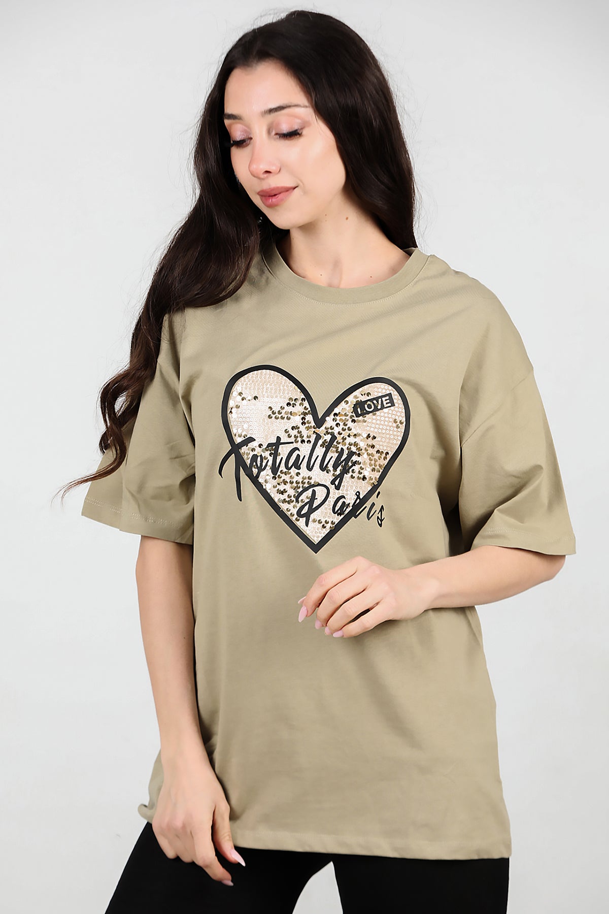 Kadın Pullu Baskılı Oversize T-Shirt Yağ Yeşili