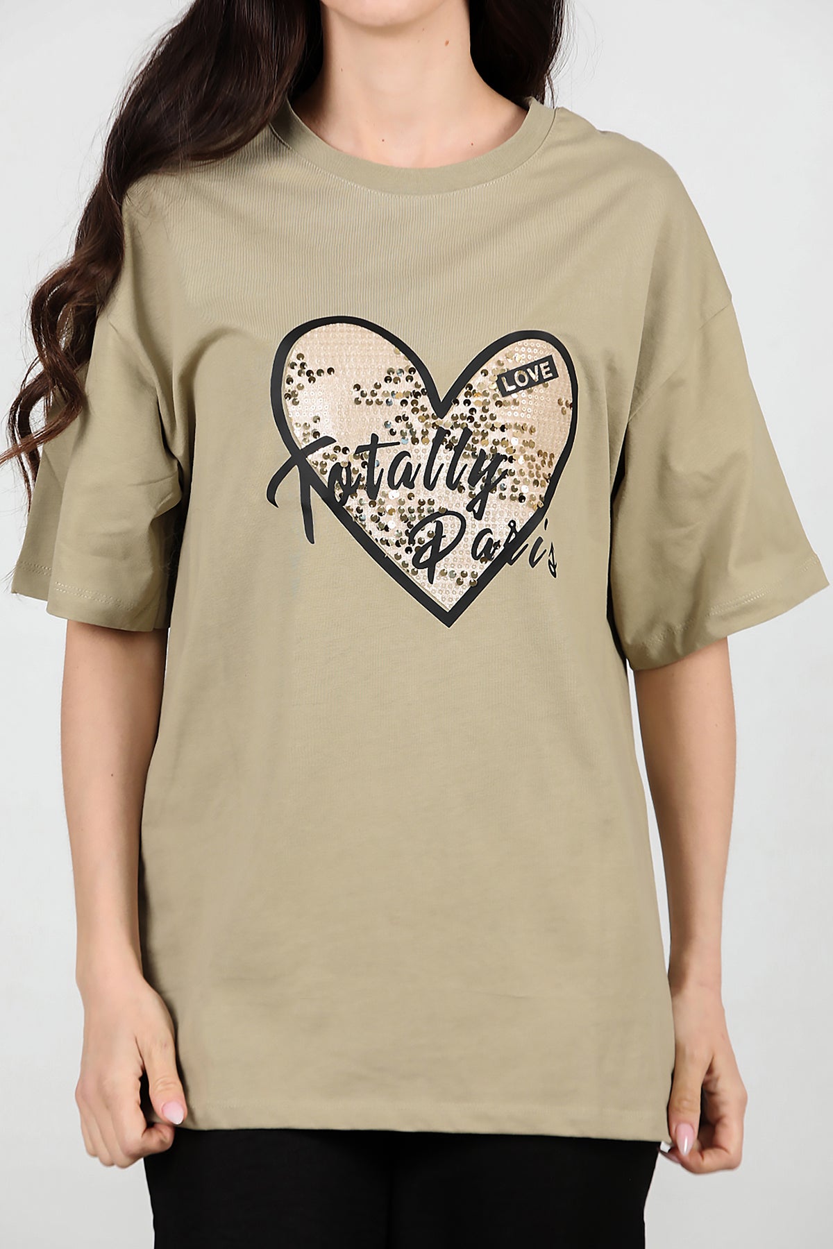 Kadın Pullu Baskılı Oversize T-Shirt Yağ Yeşili