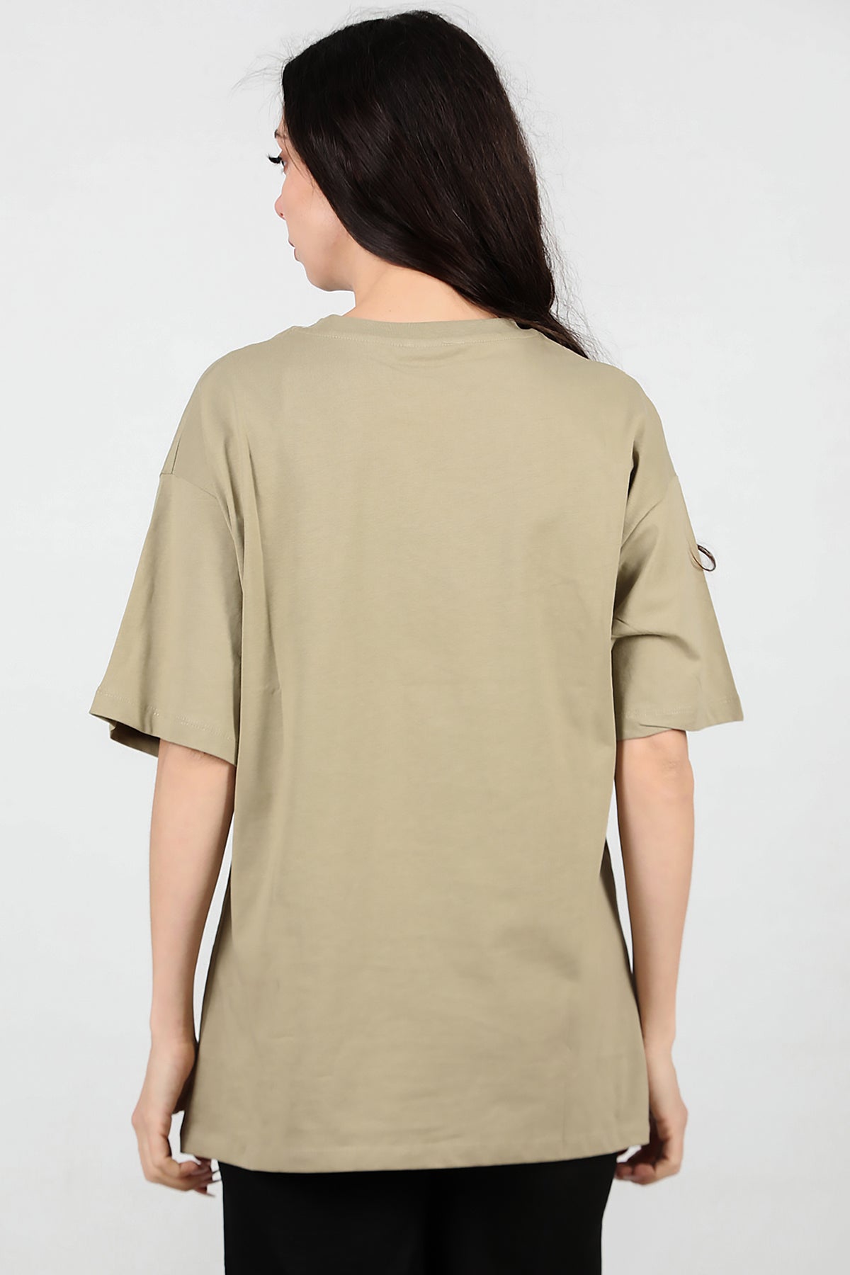 Kadın Pullu Baskılı Oversize T-Shirt Yağ Yeşili