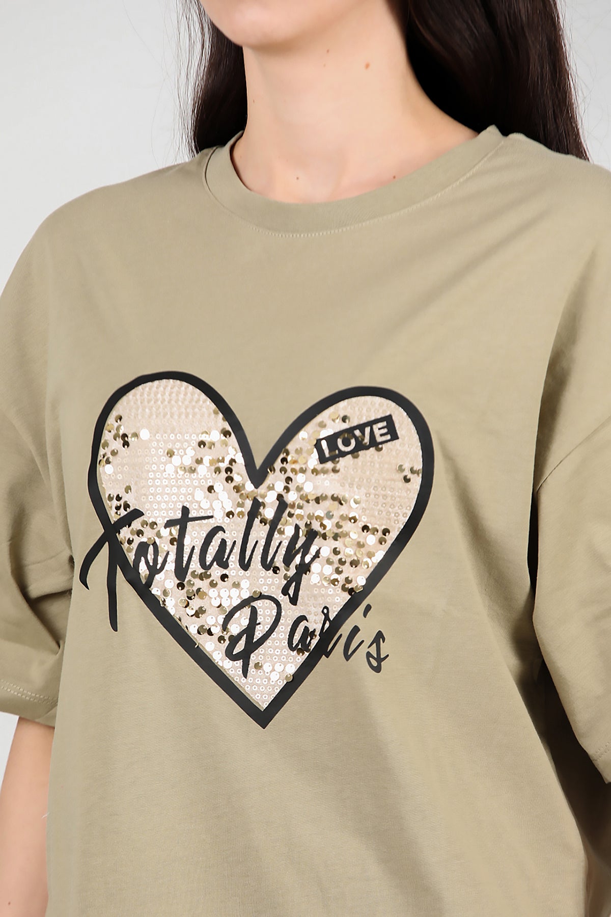 Kadın Pullu Baskılı Oversize T-Shirt Yağ Yeşili