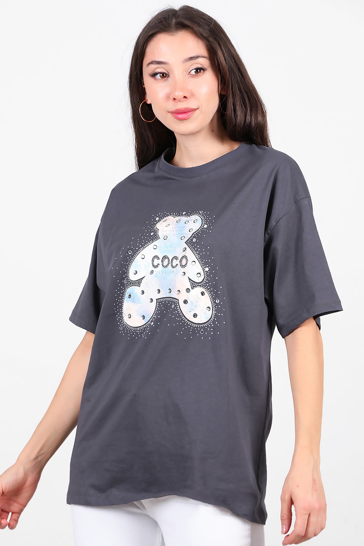 Kadın Taş Nakış İşlemeli T-Shirt Füme