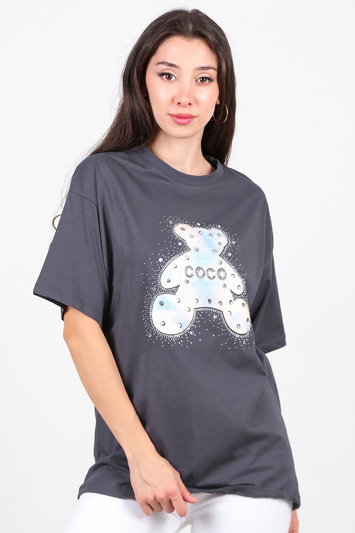 Kadın Taş Nakış İşlemeli T-Shirt Füme