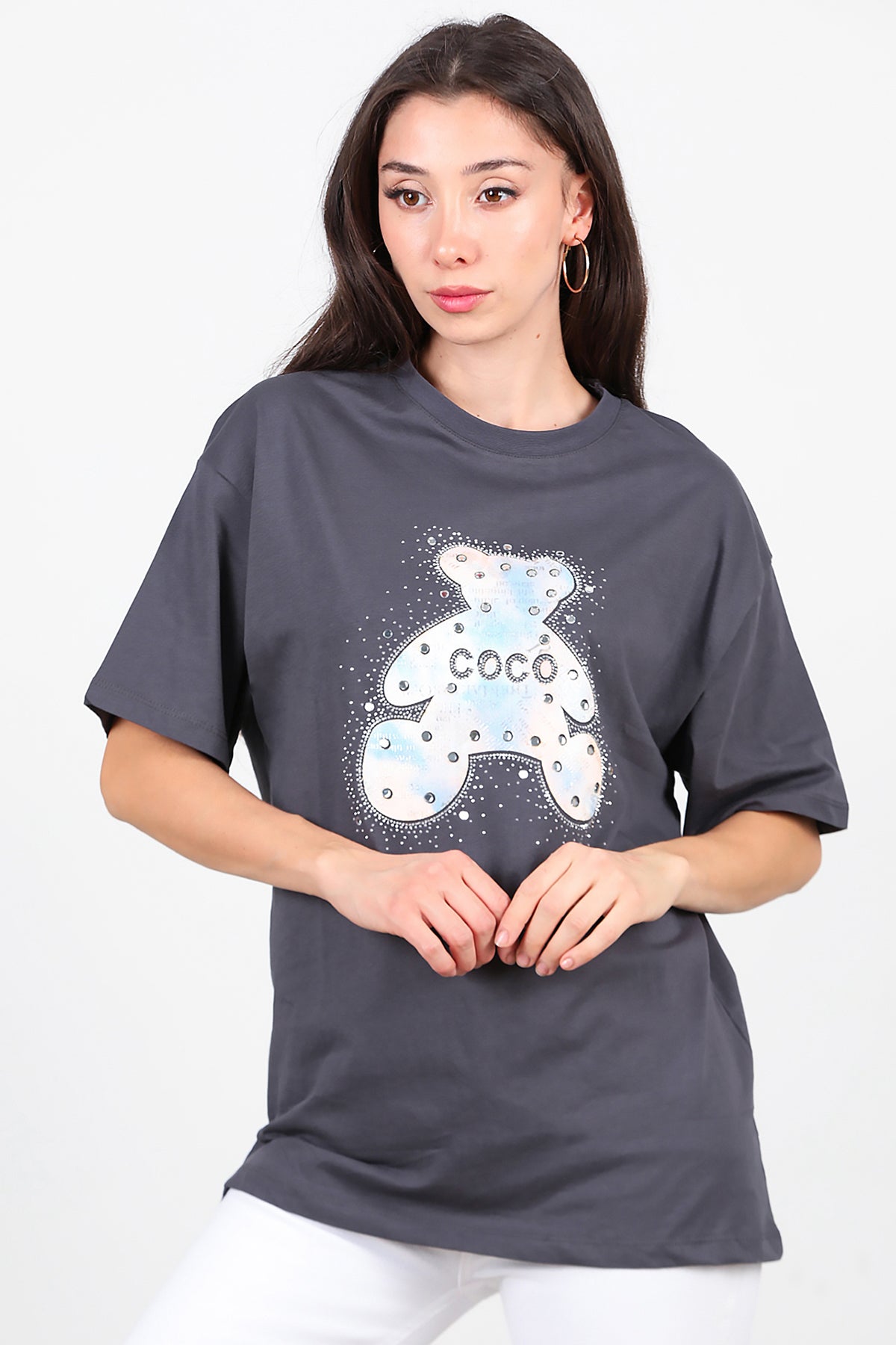 Kadın Taş Nakış İşlemeli T-Shirt Füme